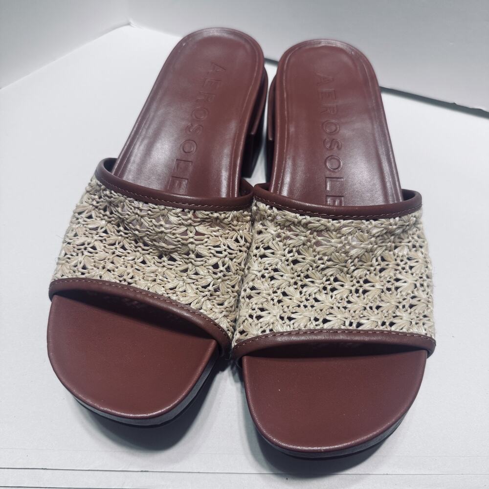 Aerosoles Womens Clark Woven Raffia Leather Sandals Slides 7.5 chunky heel - Picture 2 of 7